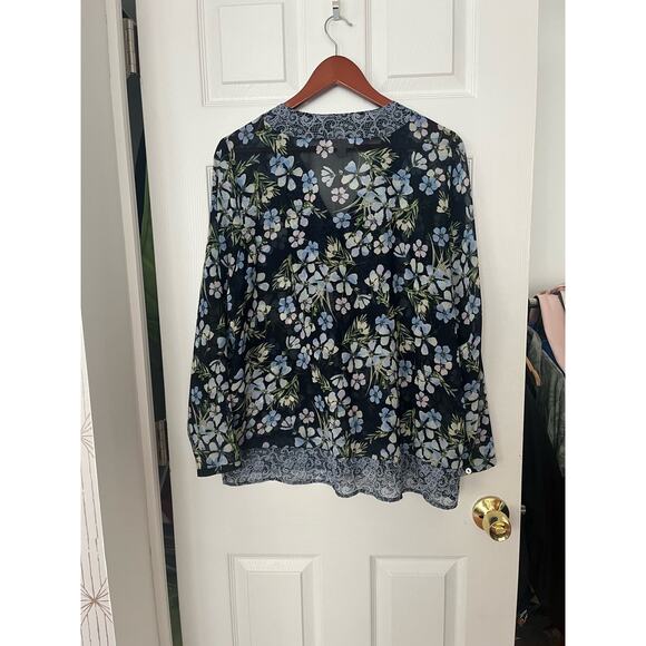 J.Jill Blue Semi Sheer Long Sleeve Floral Boho Blouse Cottagecore sz Large $89 - Picture 9 of 12